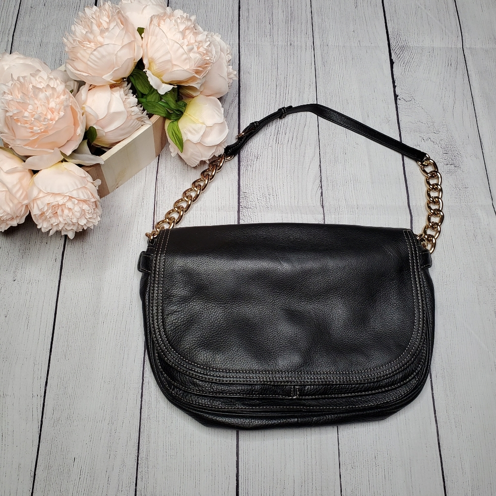Leather Saddle Bag Purse by Isaac Mizrahi with Gold Chain Strap Detail